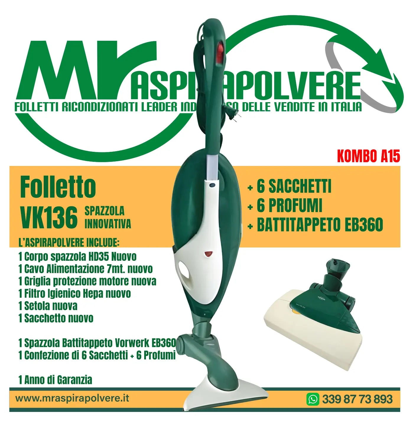 Combo A15 Folletto VK136 con Battitappeto EB360