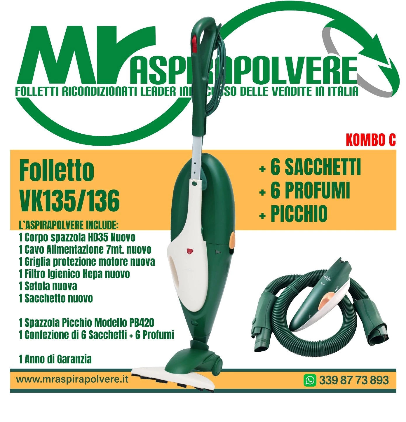 Folletto Vorwerk VK135136, Spazzola HD35 e Picchio PB420 - Combo C