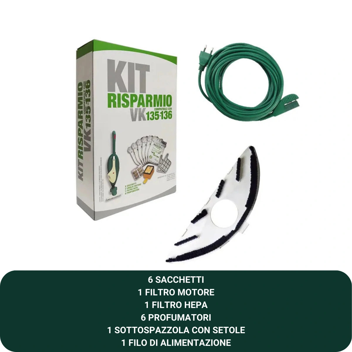 Kit Risparmio + Sottospazzola con setole + Filo di alimentazione per folletto VK135 VK136