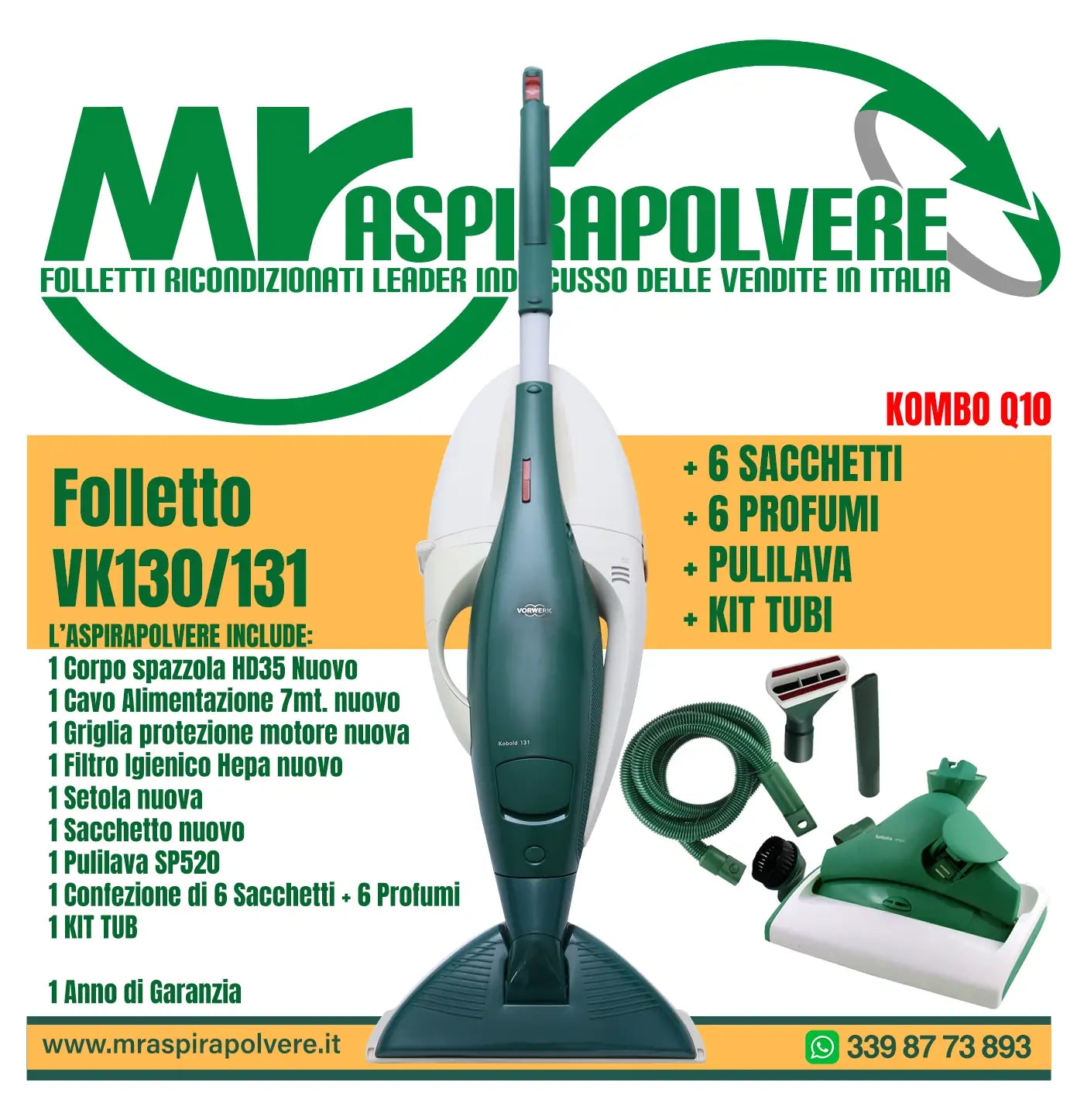 Combo A7 Folletto VK130 VK131 con Spazzola, Tubi e Pulilava SP520