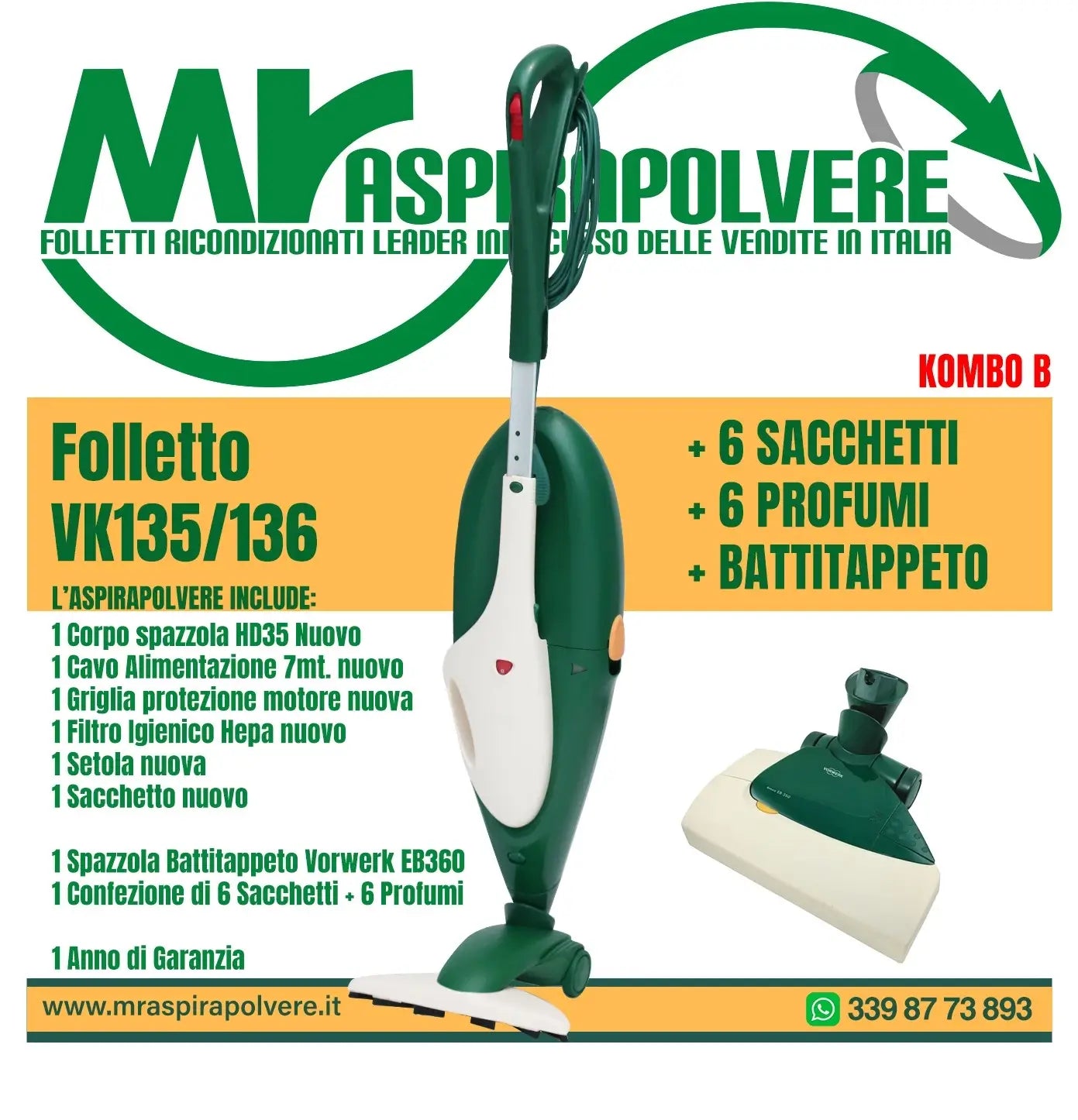 combo b Folletto rigenerato vk135-136 - spazzola hd35 - battitappeto eb350