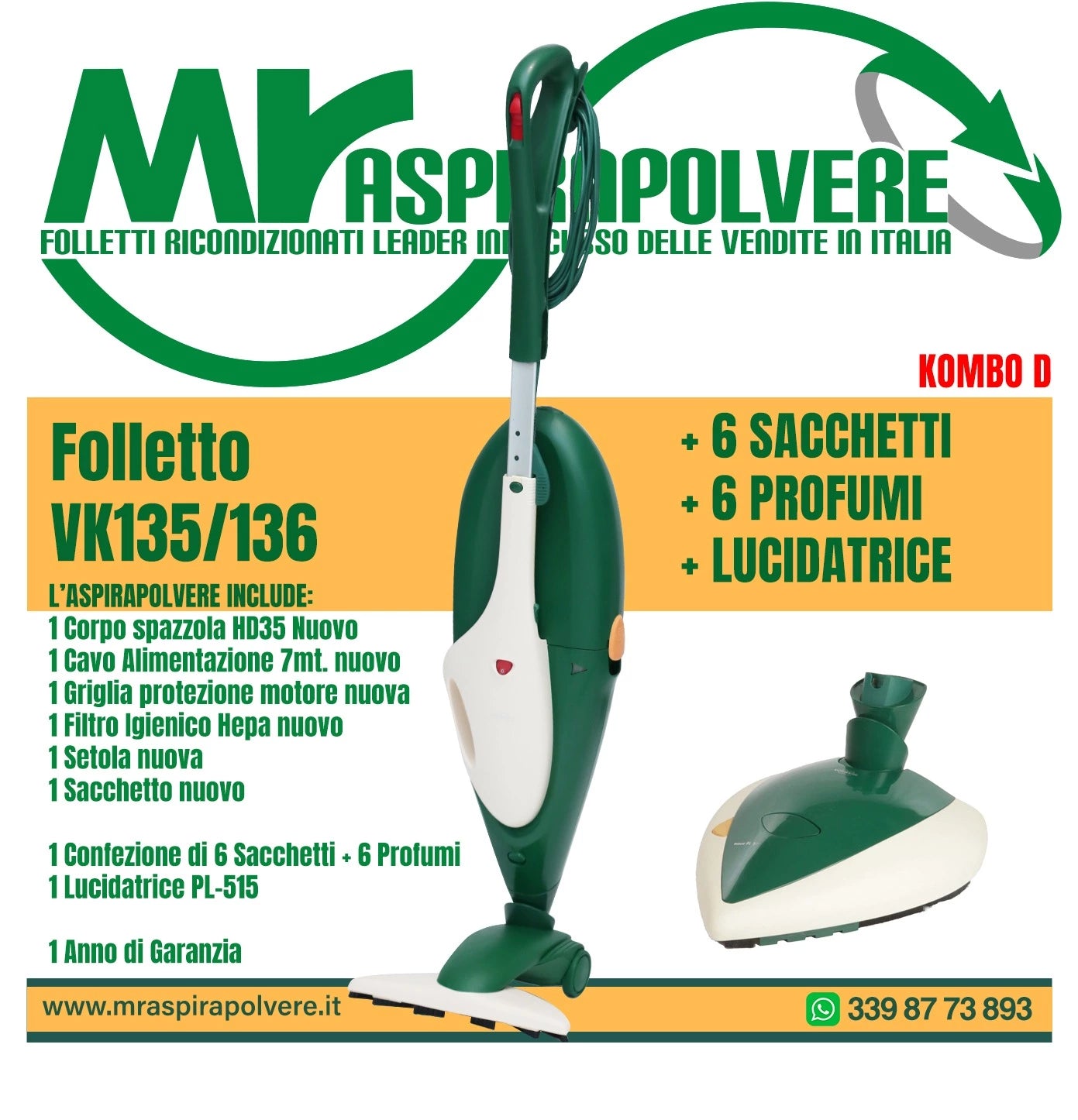 combo d Folletto rigenerato vk135-136 - spazzola hd35 - lucidatrice