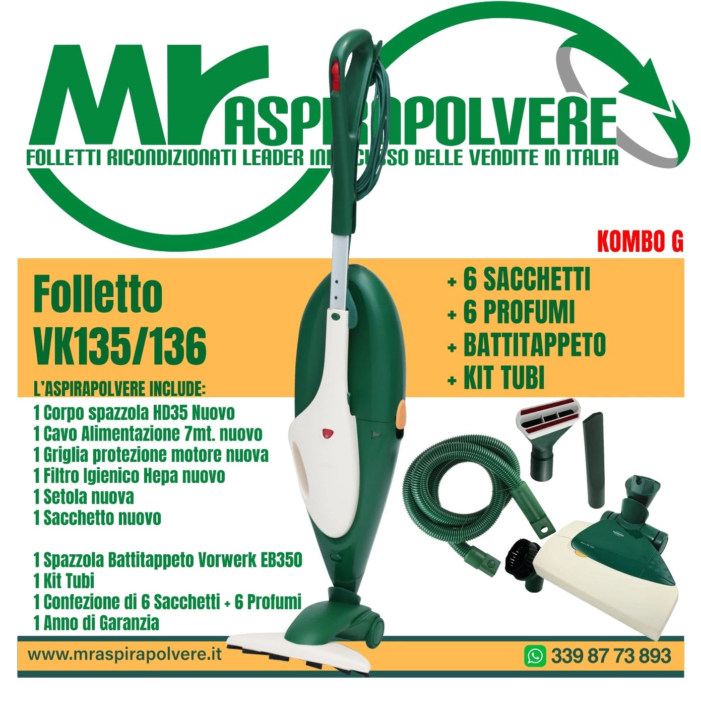 combo g Folletto rigenerato vk135-136 - spazzola hd35 - tubo - battitappeto eb350